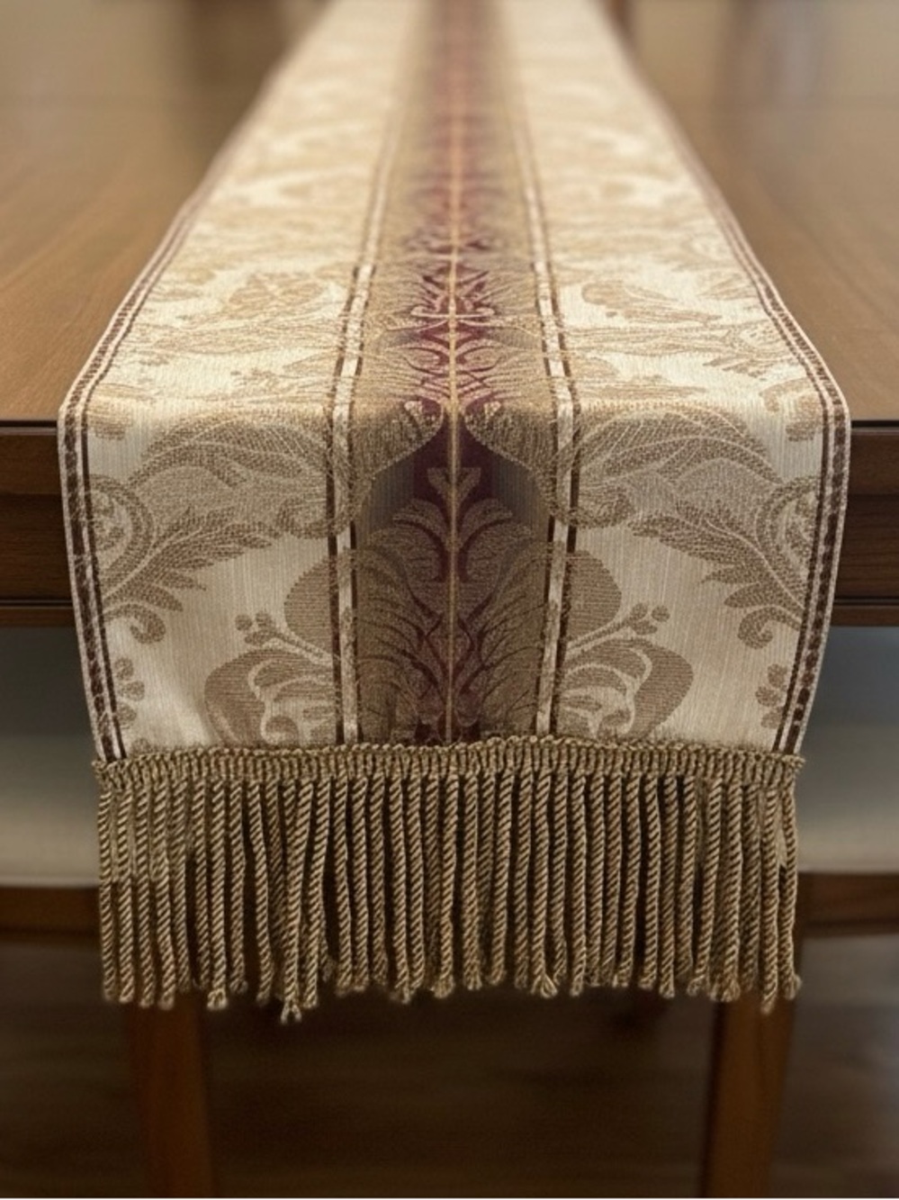 Woven damask table runner scarf fringe edge earthy neutral tone approx 40”